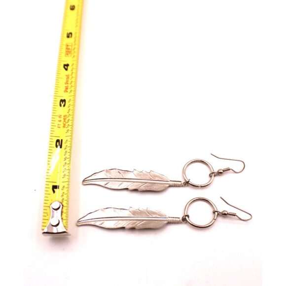 Feather Dangle Drop Earrings Silver Tone Native American Boho French Hook 3.5" - Picture 7 of 7